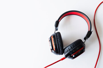 closeup headphones on white background. music concept. top view