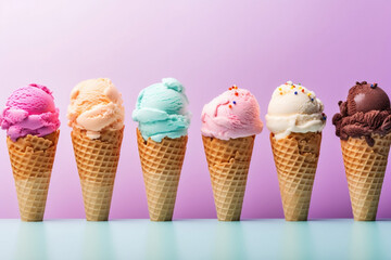 A row of colorful ice cream cones, on a pastel pink background, displaying a range of flavors and textures