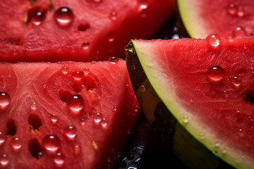 Macro shot of watermelon slices with glistening droplets of water, capturing the refreshing and juicy nature of this summer fruit