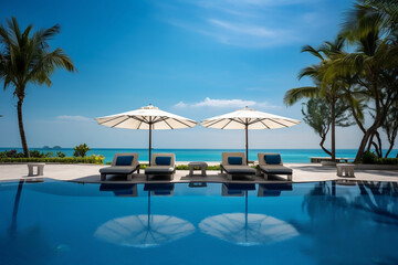 A swimming pool surrounded by lounge chairs and umbrellas, backdropped by a tropical blue sky and ocean, capturing the essence of a luxurious summer beach vacation