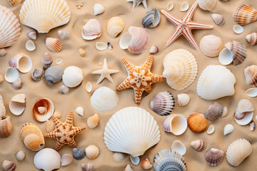 Fototapeta na wymiar Overhead shot of seashells scattered on golden sand, evoking nostalgic memories of the beach and lazy summer days