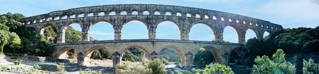 Panoramic view of the Pont du Gard, France - 616741049
