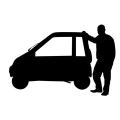 Vector silhouette of a man with a car on a white background. Vector illustration