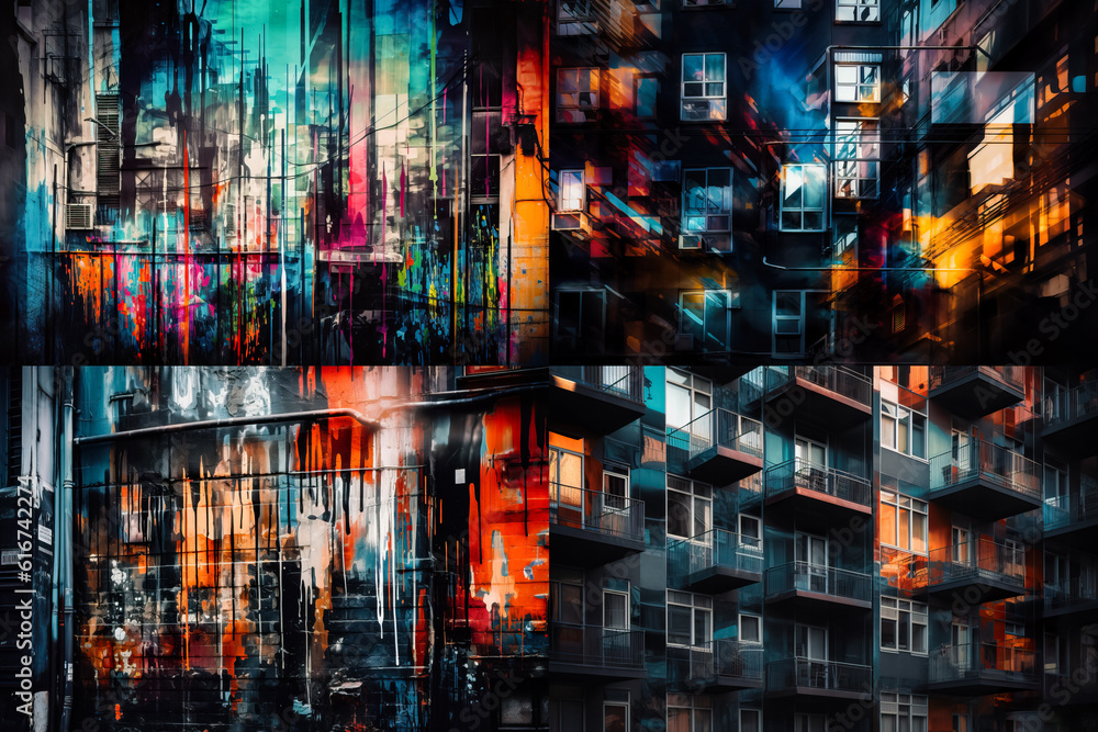 Poster colorful abstract background in the style of a collage on the theme of urban architecture. generativ