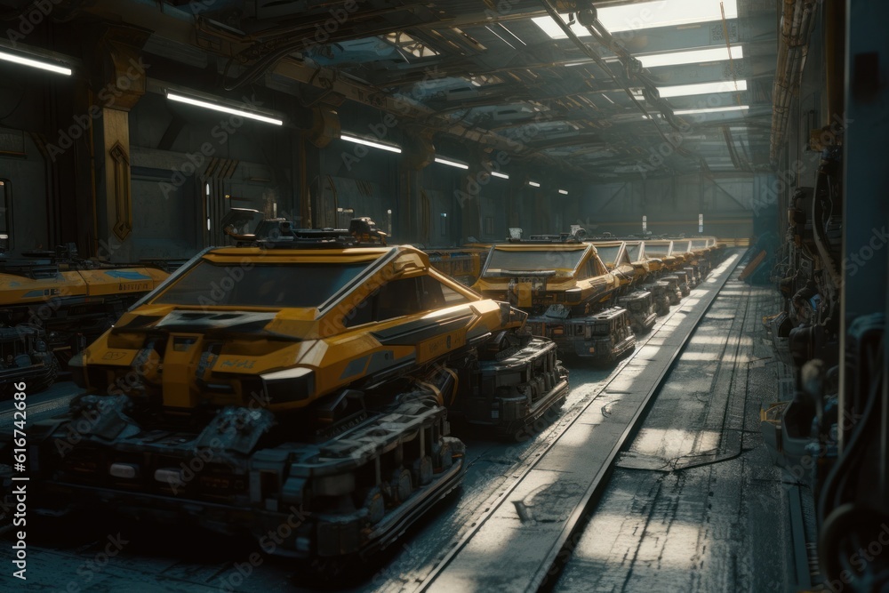 Poster robotic conveyor line for car assembly. modern workshop with automated equipment. mechanical assembl