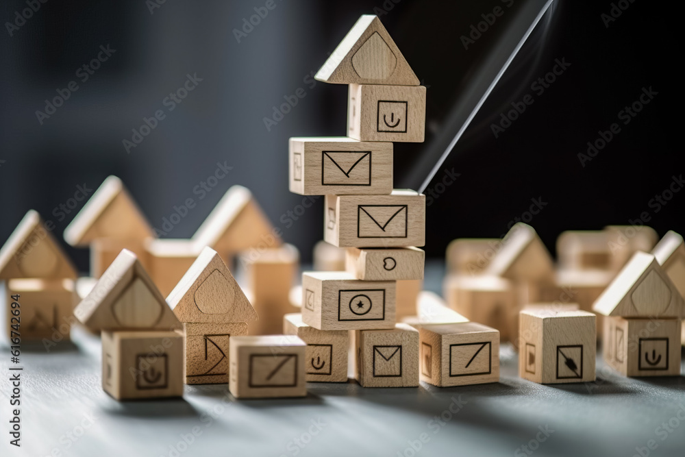 Poster wooden blocks with check mark in the form of a house. generative ai