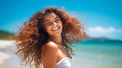 Shoreside Glamour: A Stunning Girl with Long, Flowing Locks, Set Against the Horizon
