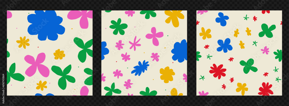 Poster trendy patterns set with naïve colours. seamless banner background with irregular daisies. vector co