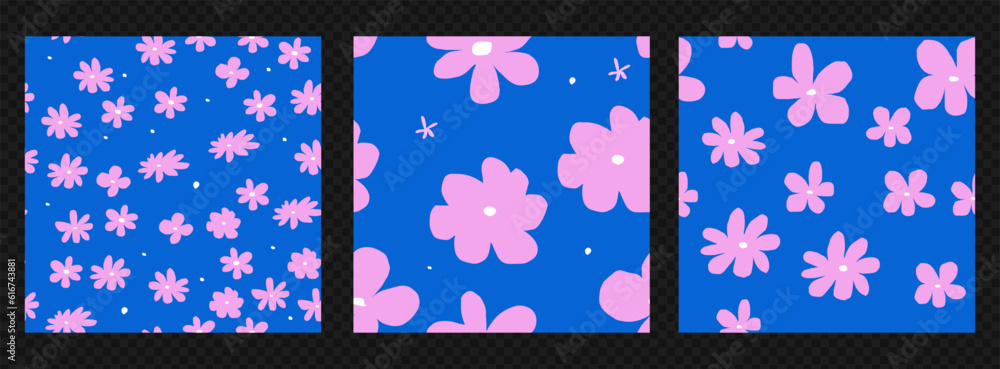 Poster trendy patterns collection with naïve colours. seamless banner background with irregular daisies. ve