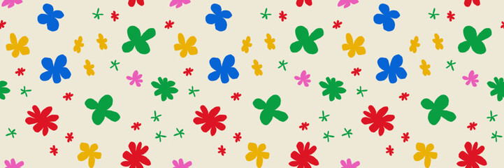 Fototapeta na wymiar Trendy pattern with naïve colours. Seamless banner background with irregular daisies. Vector Contemporary illustration. In beige and blue and pink and green colors. 