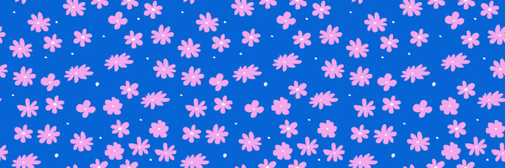 trendy pattern with na&iuml;ve colours. Seamless banner background with irregular daisies. Vector Contemporary illustration. In blue and pink colors.