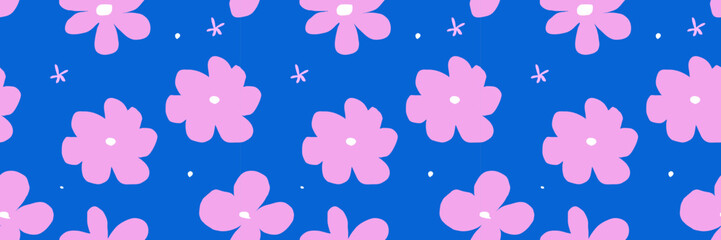 Fototapeta na wymiar trendy pattern with naïve colours. Seamless banner background with irregular daisies. Vector Contemporary illustration. In blue and pink colors.