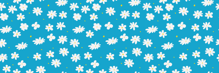 Trendy pattern with naïve colours. Seamless banner background with irregular daisies. Vector Contemporary illustration. In blue and yellow and white colors