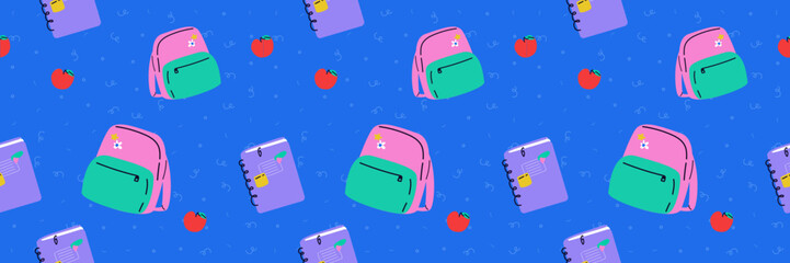 Fototapeta na wymiar A contemporary seamless pattern with a Back to School theme. Blue background with doodles and backpack, notebook and apples. Trendy vector illustration. Banner for student. 