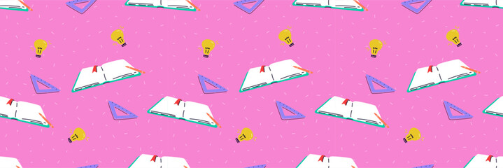 A contemporary seamless pattern with a Back to School theme. Pink bright background with doodles and open book , light bulb - idea and ruler. Trendy vector illustration. Banner for student. 