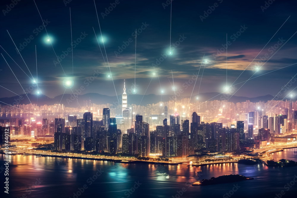 Poster modern cityscape and network connection concept. generative ai