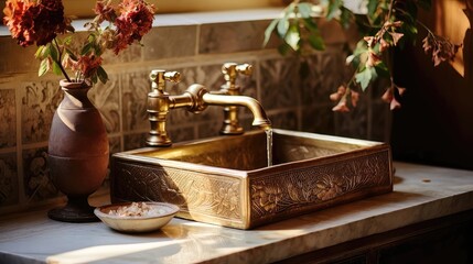 Fototapeta na wymiar Timeless Elegance: Vintage Faucet and Porcelain Sink in Rustic Bathroom Generative AI 4