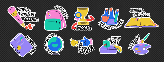 A set of modern back-to-school-themed stickers. Motivational phrases for the diary. Bright, contemporary illustration. Pack of trendy vectors. Png background