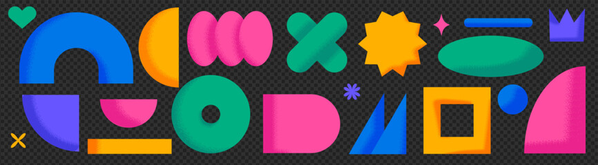 A set of brutalist style elements, on a transparent background as png. Vibrant geometric shapes with noise texture for a 3d effect. Vector trendy illustration