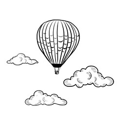 Obraz premium Vector Hand Drawn Flying Hot Air Balloon Isolated on White Background. Black and white Sketch of Hot Air Balloon with Clouds Drawing. Eco Green Transportation for Clean Environment. Vintage Style Desi