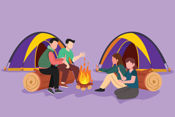 Cartoon flat style drawing two romantic couple camping around campfire tents. Group of man woman warm their hands near bonfire sitting on ground. Wild nature trip. Graphic design vector illustration