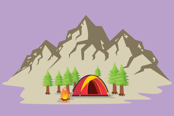 Cartoon flat style drawing summer camping day and sunset poster, logo. Banners with mountains, trees, tent and campfire. Climbing, hiking, holiday, trekking sports. Graphic design vector illustration