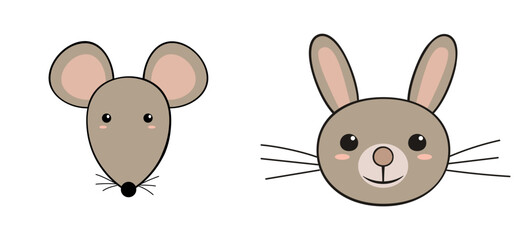 Vector set of stickers. Cute animals mouse and rabbit.
