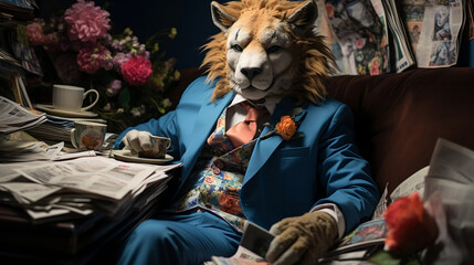 Fototapeta na wymiar A man wearing a blue suit and a lion mask for a costume party, sitting on a sofa surrounded by newspapers.