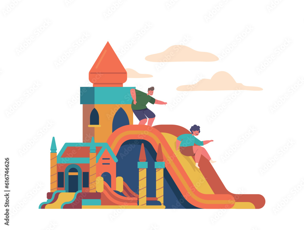 Poster kids boys characters having a blast on an inflatable attraction, bouncing and sliding with joy. fun-