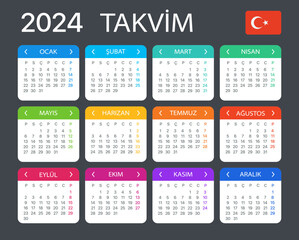 2024 Calendar - vector template graphic illustration - Turkish version
