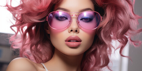 Fototapeta premium Hübsche Asiatische Frau Gesicht mit Brille in Fashion Make up und pink farbene Haare Nahaufnahme, ai generativ