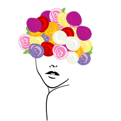Stylized illustration of a girl with roses on her head
