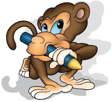 Brown Blue-eyed Monkey with Wax Crayon in his Mouth