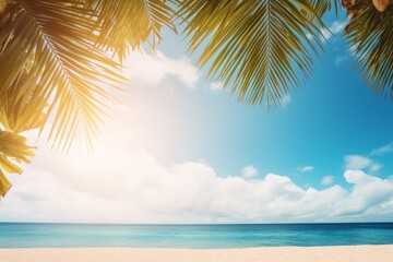 Fototapeta na wymiar Tropical beach frame with golden sand, palm leaves, and sun rays, Generative AI