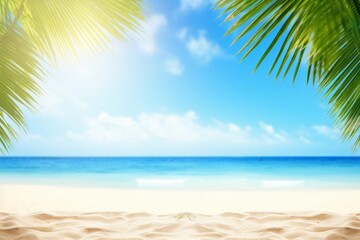 Obraz na płótnie Canvas Tropical beach frame with golden sand, palm leaves, and sun rays, Generative AI