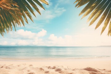 Fototapeta na wymiar Tropical beach frame with golden sand, palm leaves, and sun rays, Generative AI