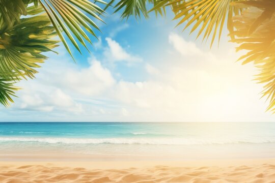 Tropical beach frame with golden sand, palm leaves, and sun rays, Generative AI