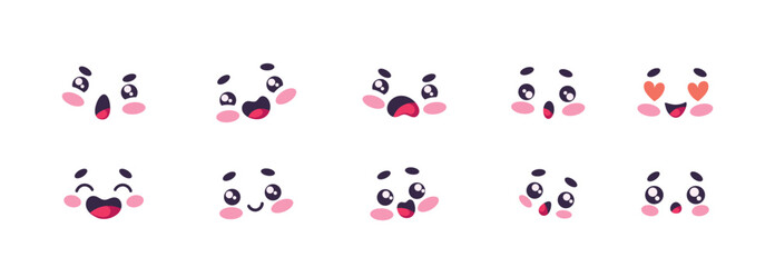 Set Of Kawaii Expressive Emoji, Adorable Emotion To Digital Conversations. Cute Lovely Emojis Capture Range Of Feelings