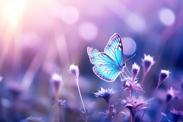 Obraz na płótnie Canvas Blue wildflowers, butterflies, macro, artistic, toned blue and purple, Generative AI