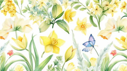 Beautiful floral spring seamless pattern with watercolor drawn field wildflowers. For wedding stationery, greetings, wallpapers, fashion, backgrounds, textures, DIY, packaging, cards. Generative AI.