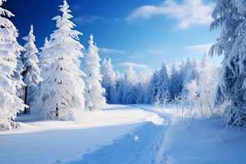 Fototapeta na wymiar Idyllic winter landscape with white trees, snowdrifts, and snowfall, Generative AI