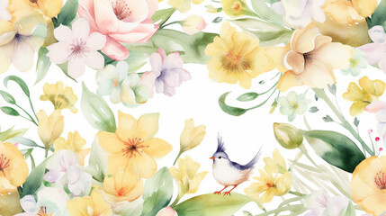 Fototapeta na wymiar Beautiful floral spring seamless pattern with watercolor drawn field wildflowers. For wedding stationery, greetings, wallpapers, fashion, backgrounds, textures, DIY, packaging, cards. Generative AI.