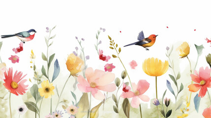 Obraz na płótnie Canvas Beautiful floral spring seamless pattern with watercolor drawn field wildflowers. For wedding stationery, greetings, wallpapers, fashion, backgrounds, textures, DIY, packaging, cards. Generative AI.