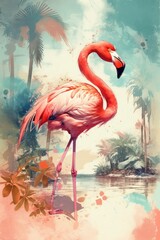 The pink flamingo is standing by a palm tree on tropical beach