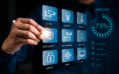 technology, smart home, internet, screen, control, innovation, iot, smart, assistant, business. use pen point at smart home dashboard controller to control home. internet of thing is growth to future.
