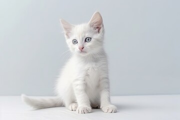 cute fluffy white kitten on white background