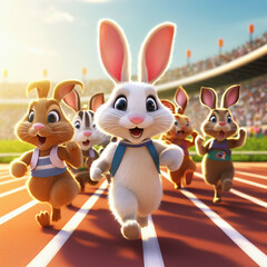 Rabbit running on the track. 3D illustration. Cartoon style. (Ai generated)