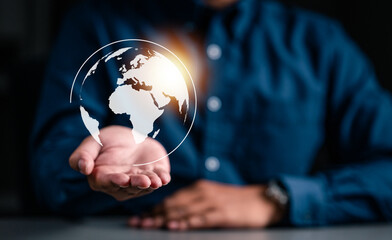 technology, business, earth, communication, digital, world, future, map, innovation, worldwide. businessman of hand hold the world hud. technology for communication to world wide then easy up future.