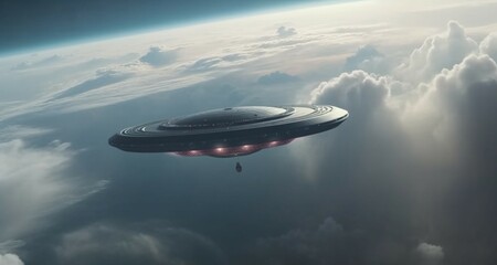 Naklejka na ściany i meble Celestial encounter, UFO saucer flies amidst clouds, above planet Earth Generative AI