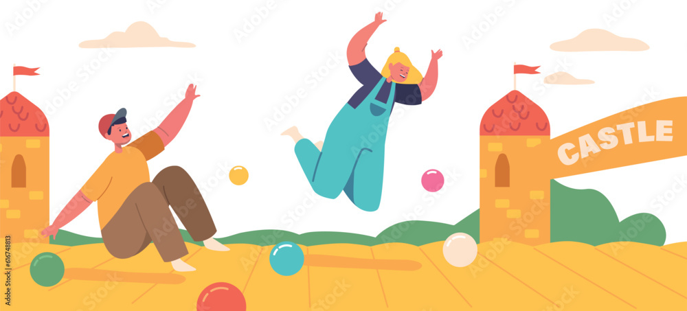Poster excited children having a blast on inflatable attractions, bouncing and sliding with joyful expressi